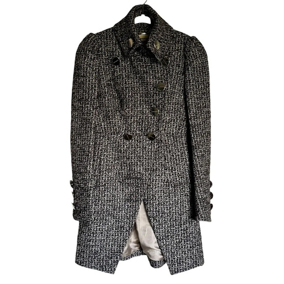 Karen Millen Black White Tweed Wool Blend Military Coat Size 4 - Picture 1 of 13